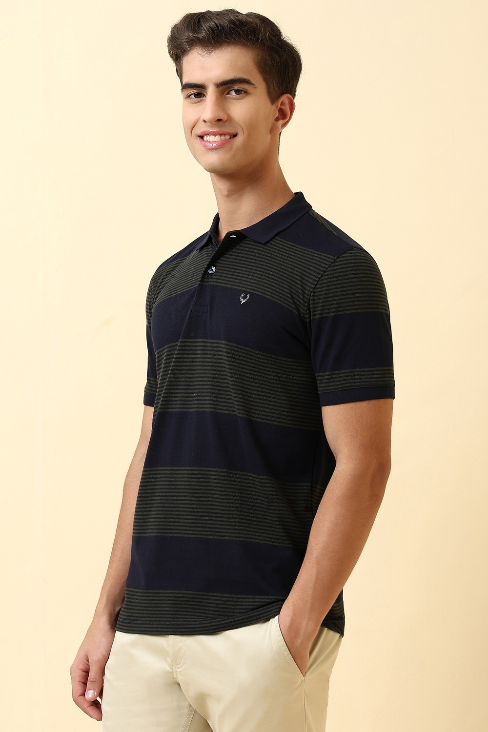 Image of Allen Solly Striped Men Polo Neck Dark Blue T-Shirt