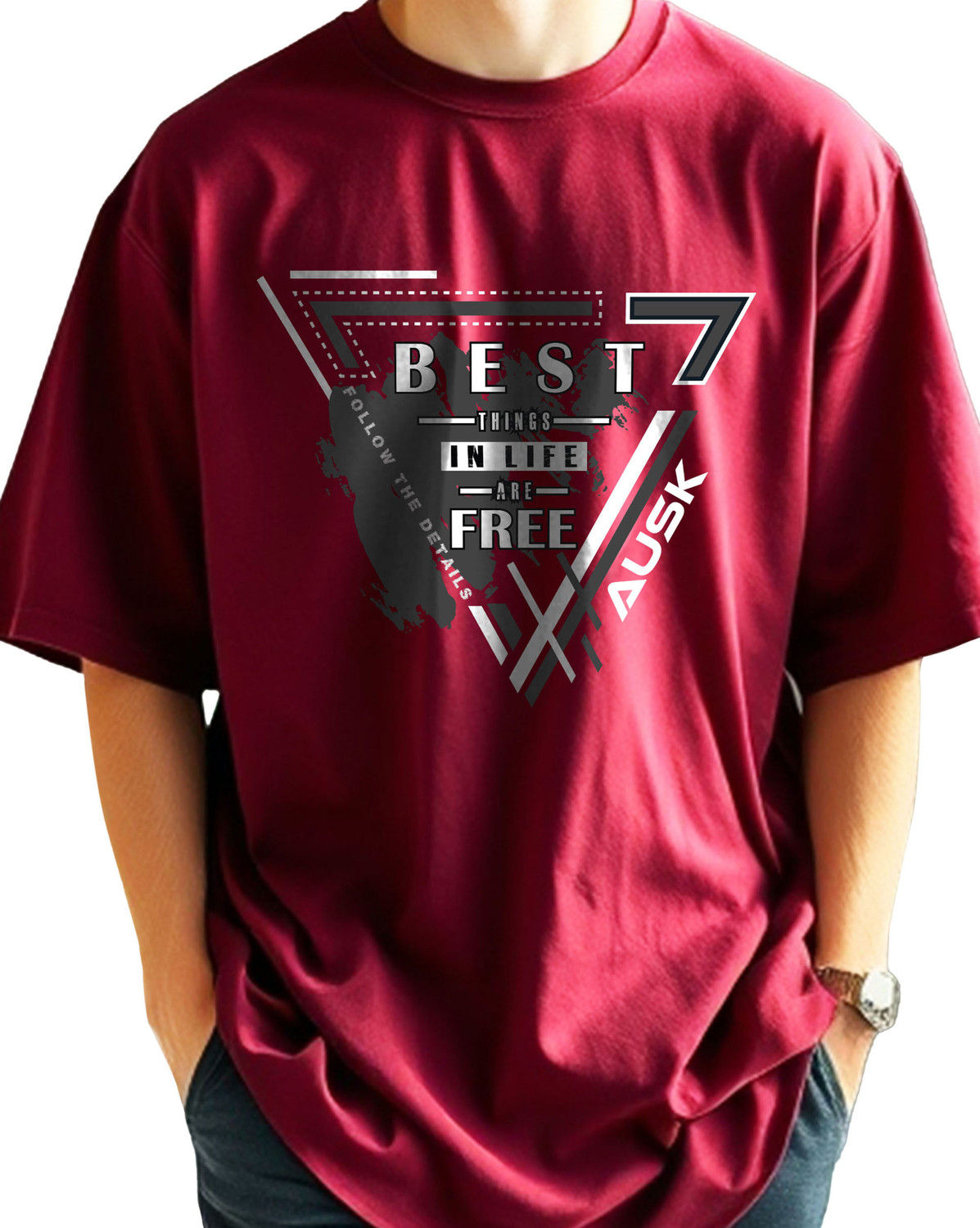 Image of AOOSH Graphic Print Men Round Neck Maroon, Grey T-Shirt