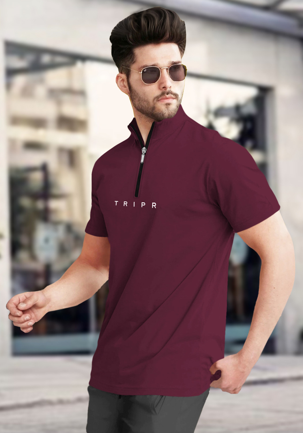 Image of TRIPR Solid Men Mandarin Collar Maroon T-Shirt