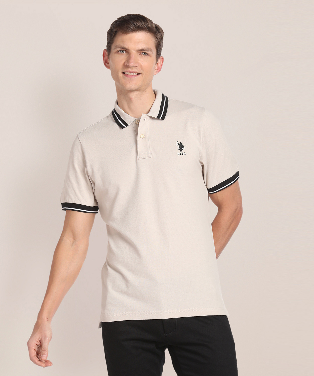 Image of U.S. POLO ASSN. Solid Men Polo Neck Beige T-Shirt