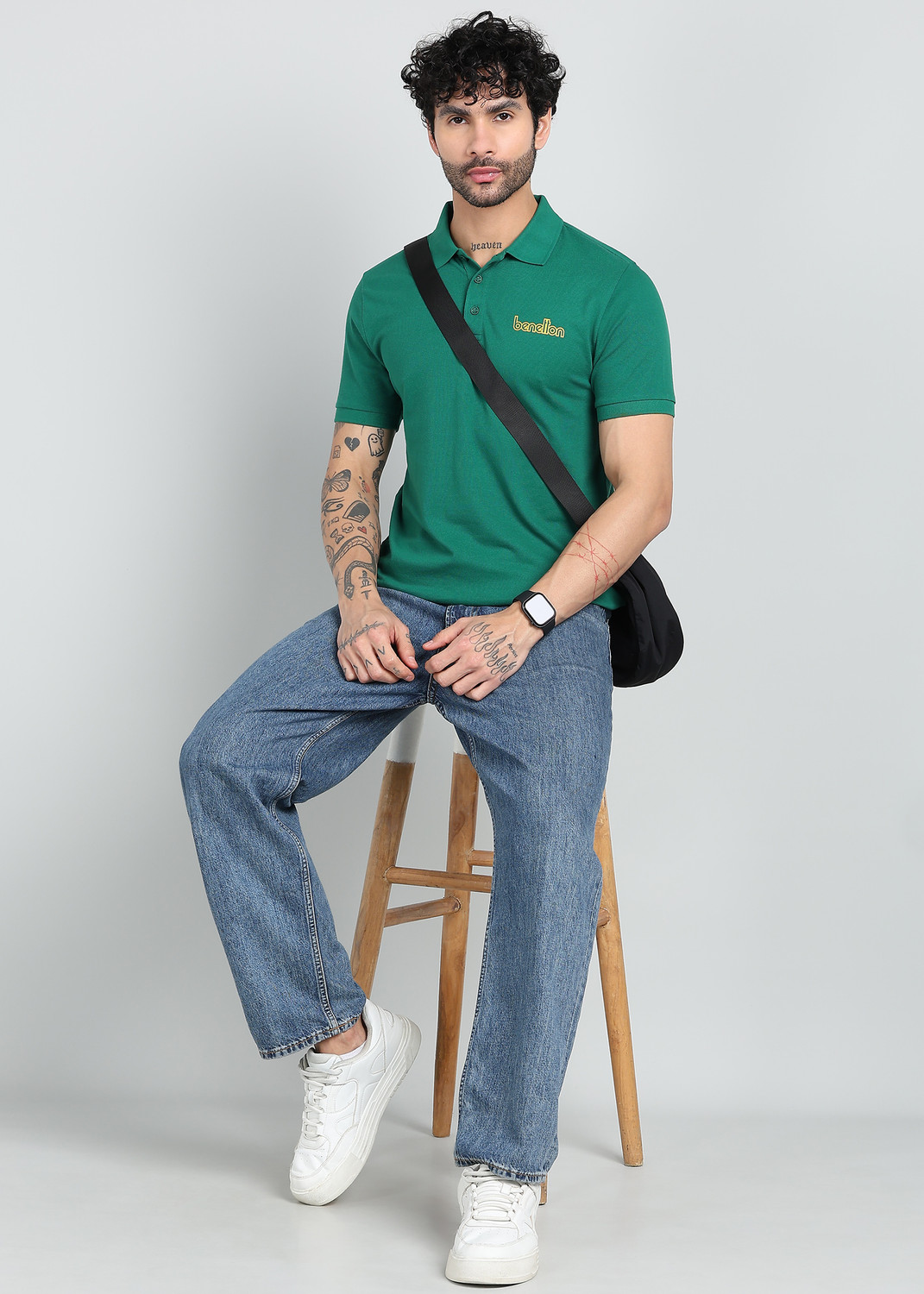Image of United Colors of Benetton Solid Men Polo Neck Green T-Shirt