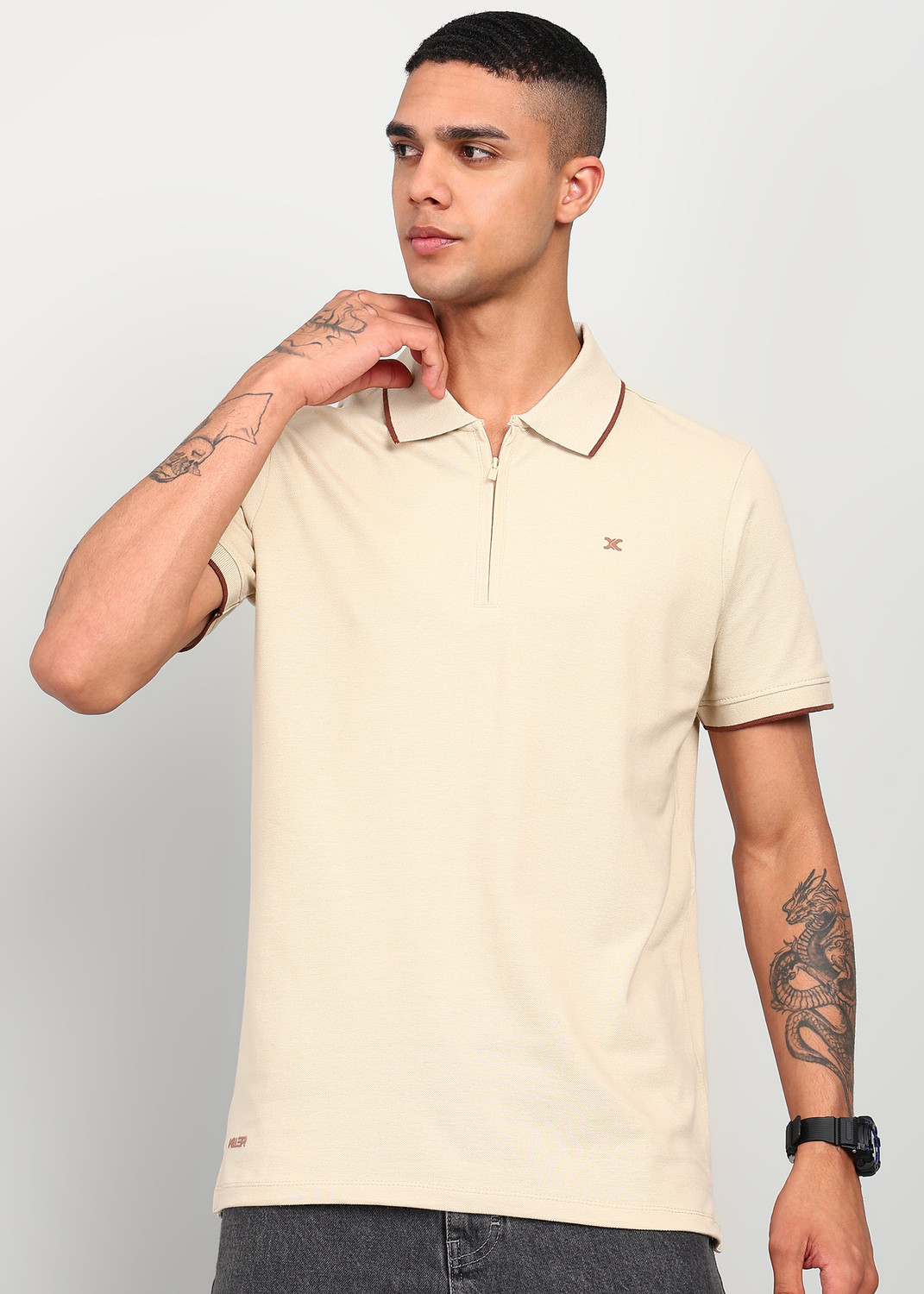 Image of KILLER Solid Men Polo Neck Beige T-Shirt