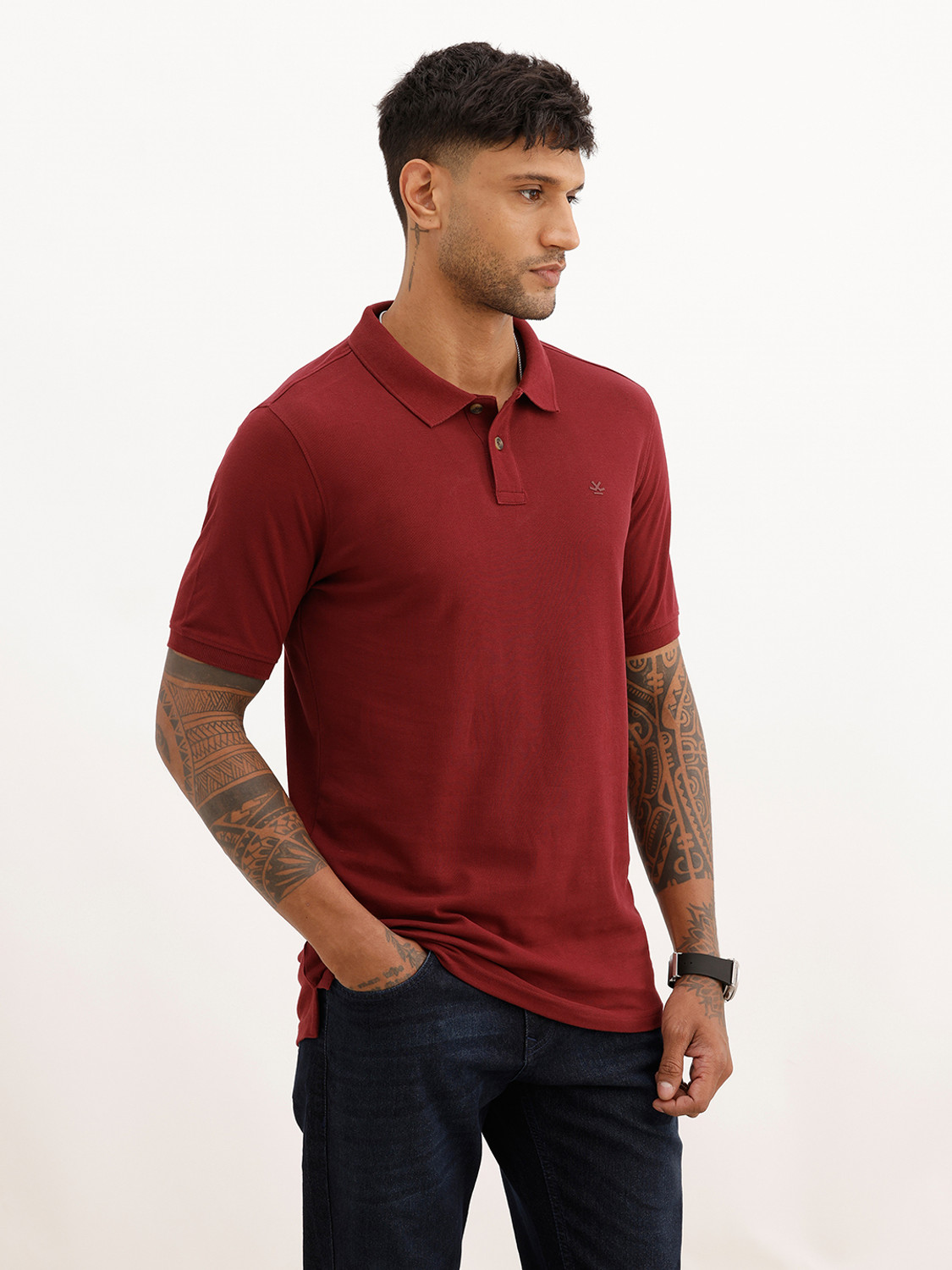 Image of WROGN Men Printed Polo Neck Pure Cotton Maroon T-Shirt