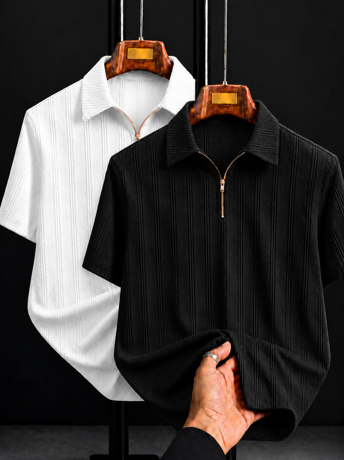 Image of mozero Self Design Men Zip Neck Black, White T-Shirt