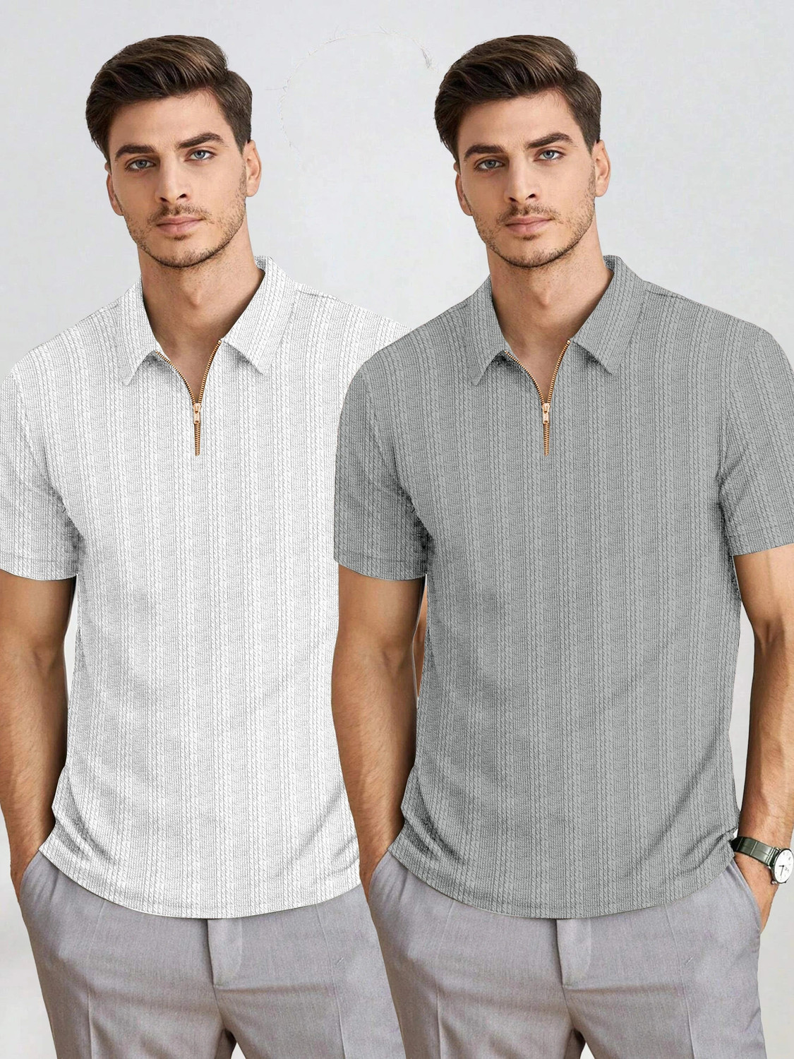 Image of COMBRAIDED Striped Men Zip Neck Light Green T-Shirt