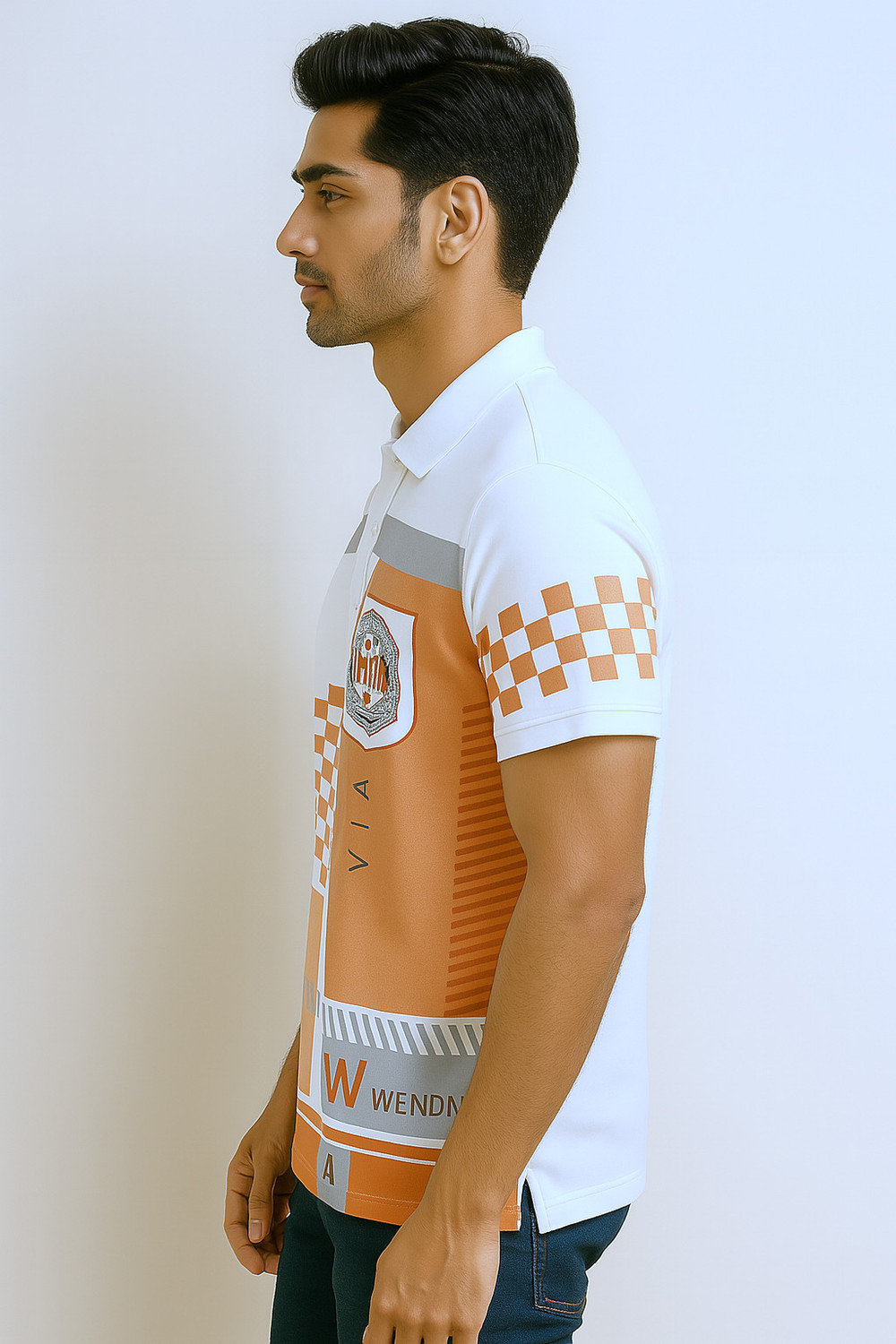 Image of Try This Printed Men Polo Neck White, Orange T-Shirt