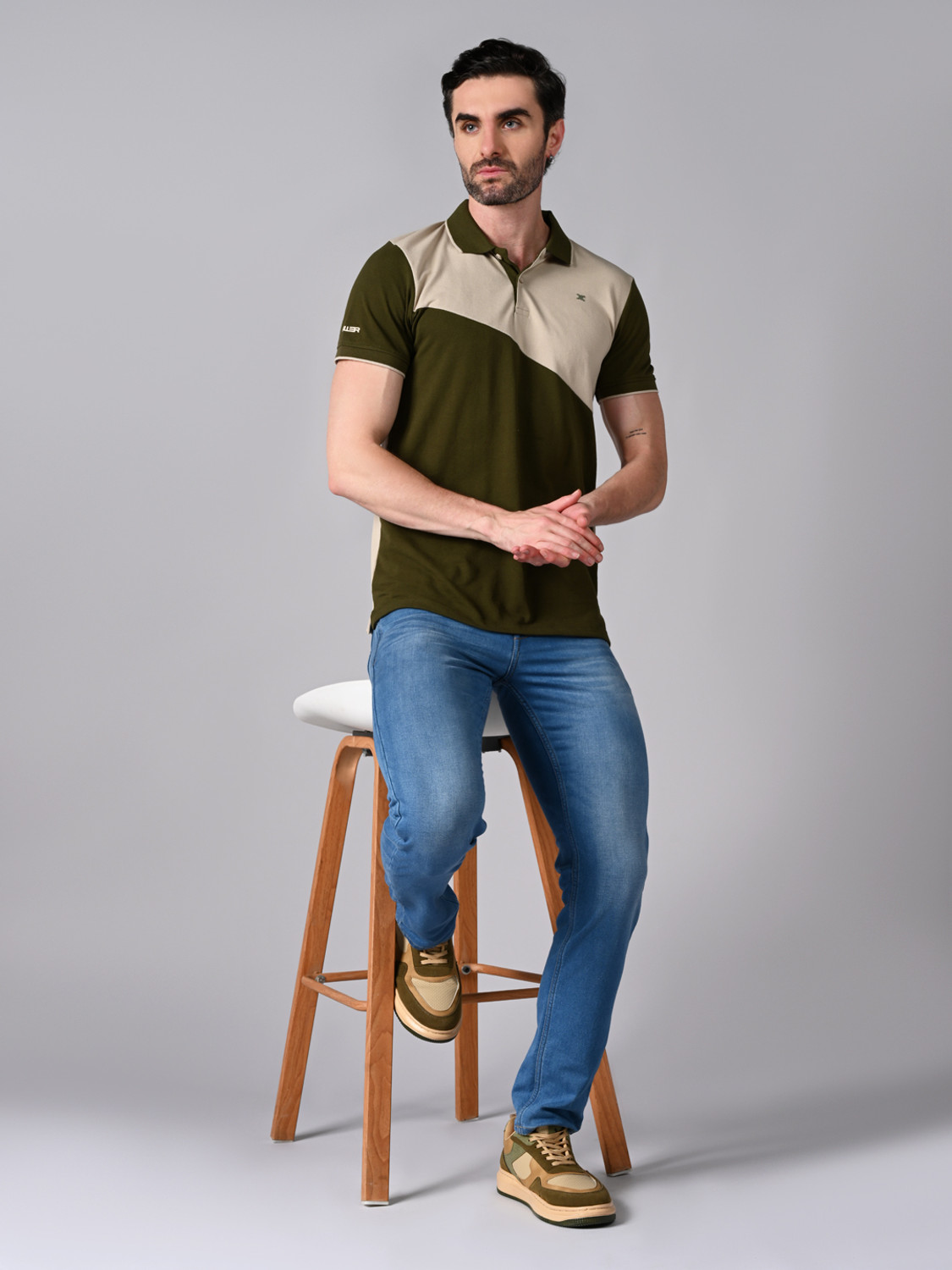 Image of KILLER Colorblock Men Polo Neck Dark Green, Beige T-Shirt
