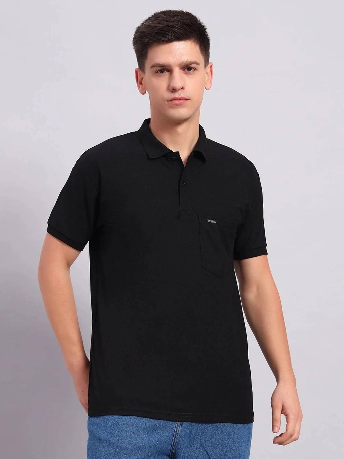 BLACK BLINK Men Solid Polo Neck Polycotton Black T-Shirt