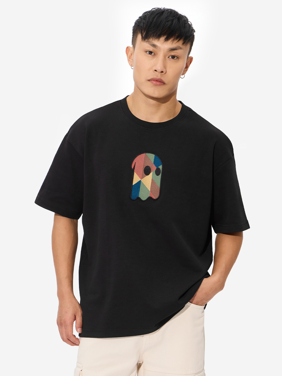 Image of The Souled Store Embroidered Men Round Neck Black T-Shirt
