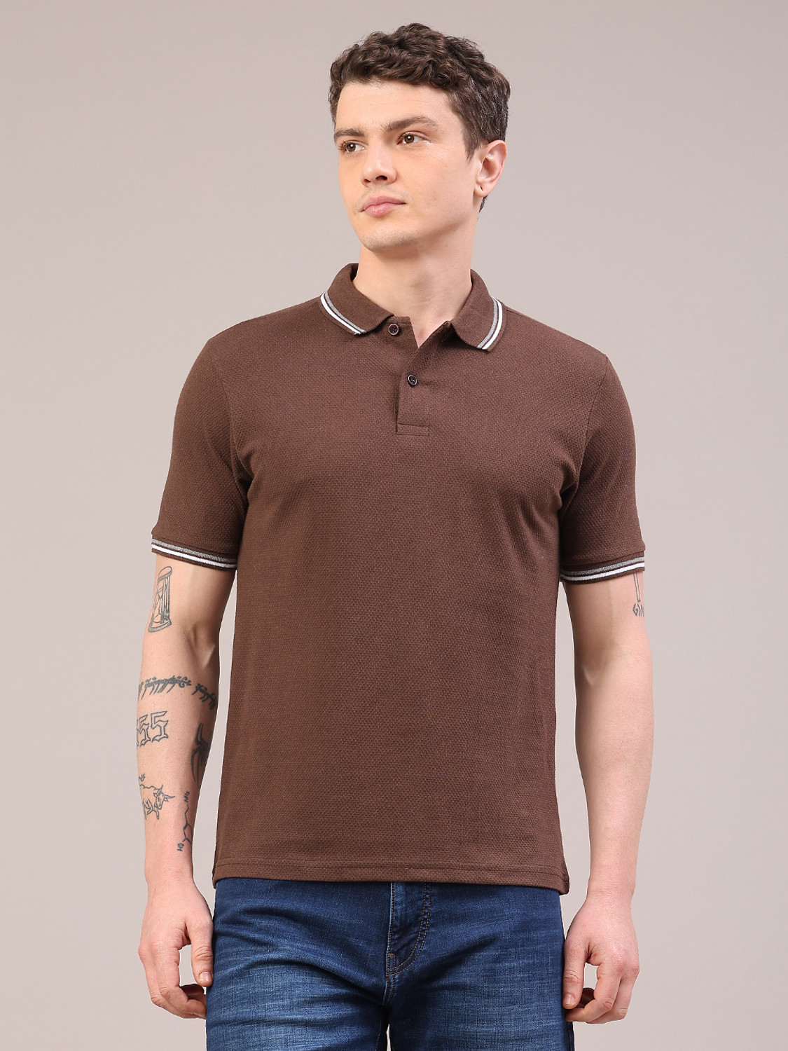 Image of V-MART Self Design Men Polo Neck Brown T-Shirt