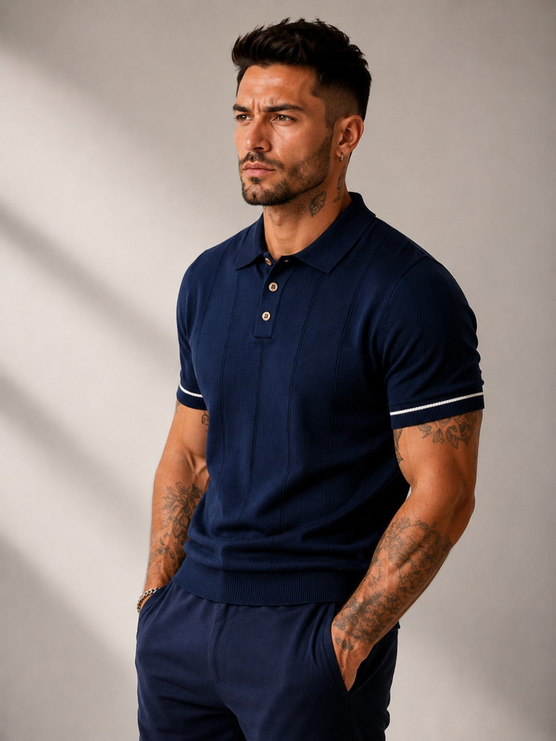 Image of sti Solid Men Polo Neck Navy Blue T-Shirt