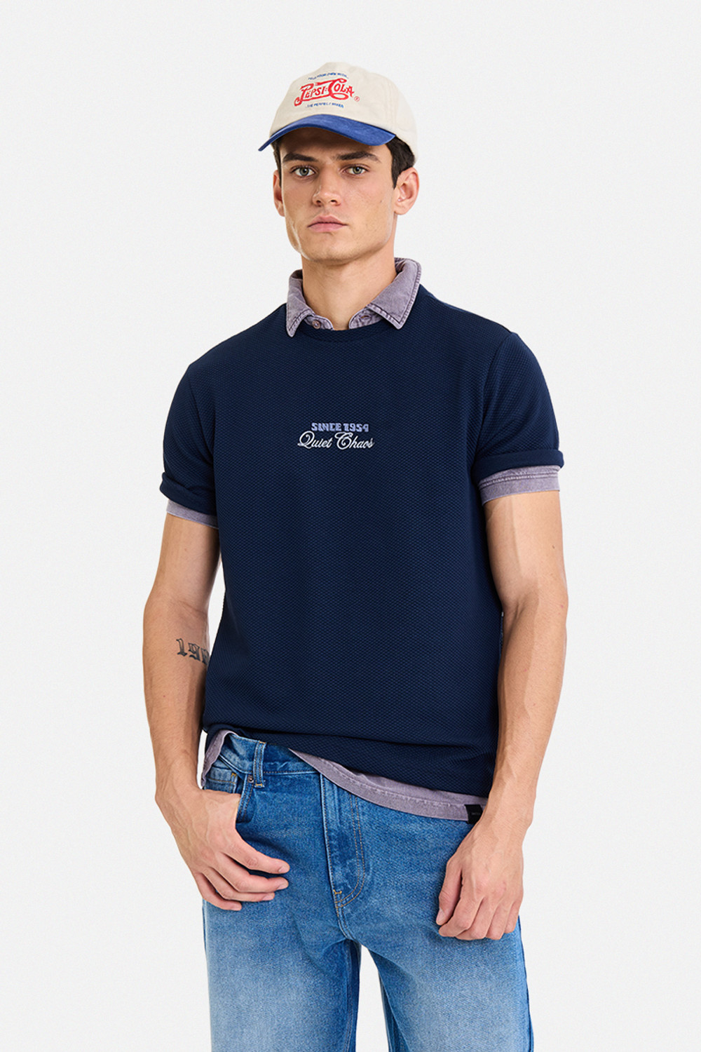 Image of Snitch Typography Men Polo Neck Navy Blue T-Shirt