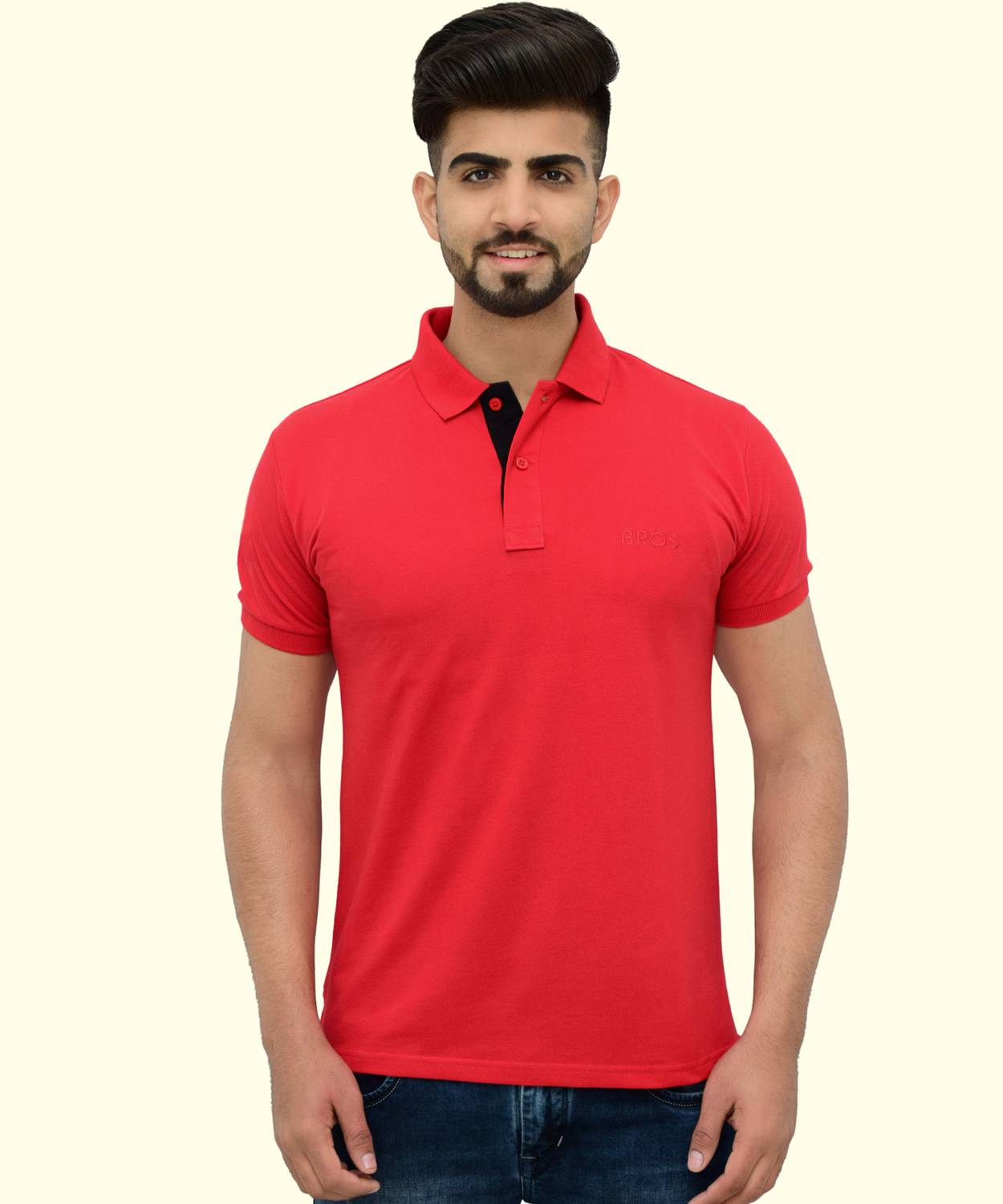 3BROS Men Solid Polo Neck Cotton Blend (220 gsm) Red T-Shirt