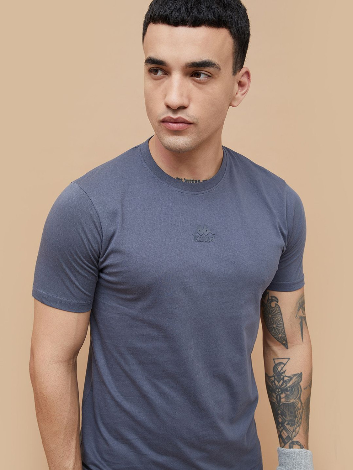 Image of Kappa Solid Men Round Neck Grey T-Shirt