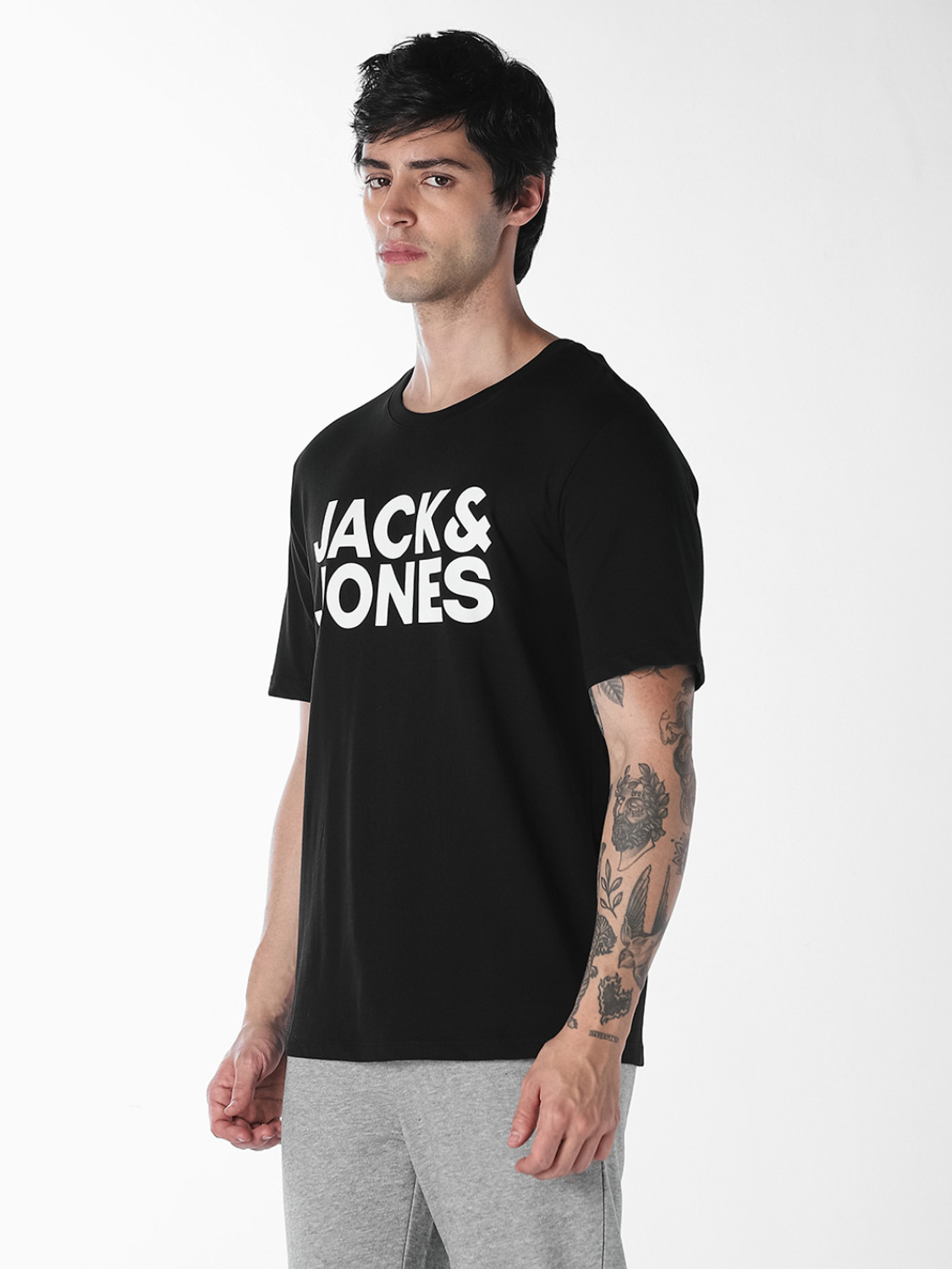 Image of JACK & JONES Printed Men Round Neck Black T-Shirt