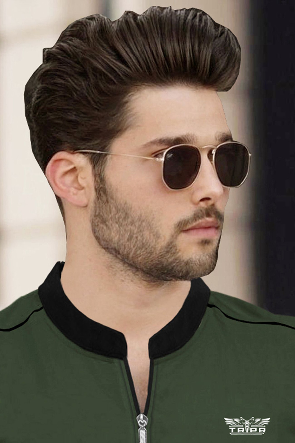 Image of TRIPR Solid Men Mandarin Collar Dark Green, Black T-Shirt
