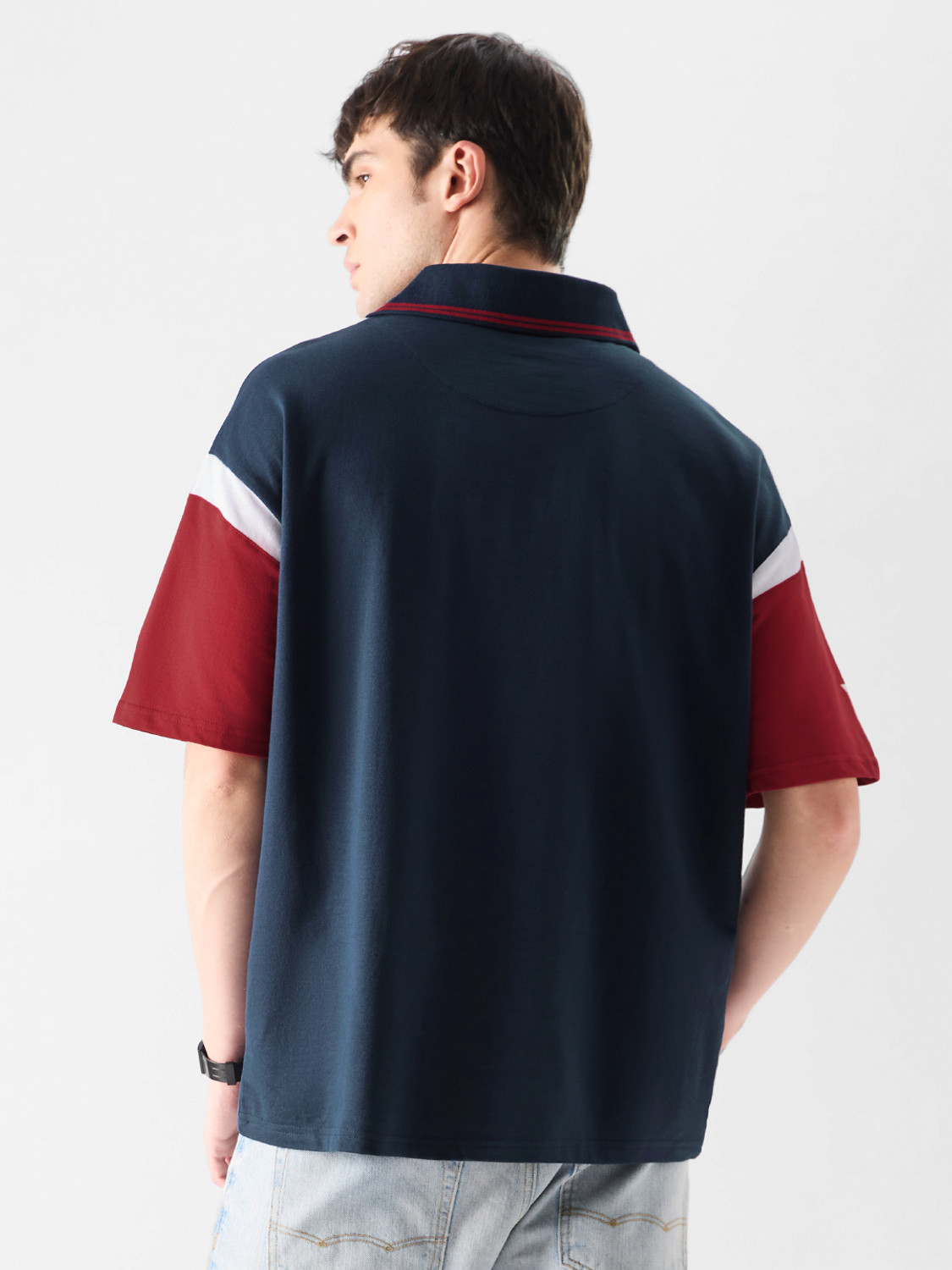 Image of The Souled Store Graphic Print Men Polo Neck Navy Blue T-Shirt