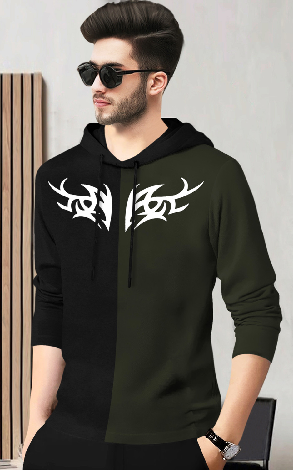 Image of BLIVE Printed Men Hooded Neck Black, Dark Green T-Shirt