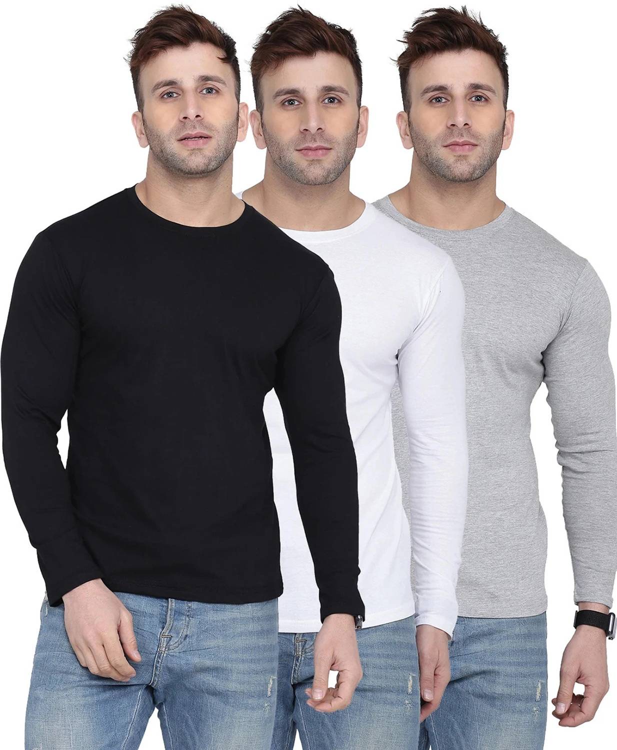 FancyWay Pack of 3 Men Solid Round Neck Cotton Blend White, Black