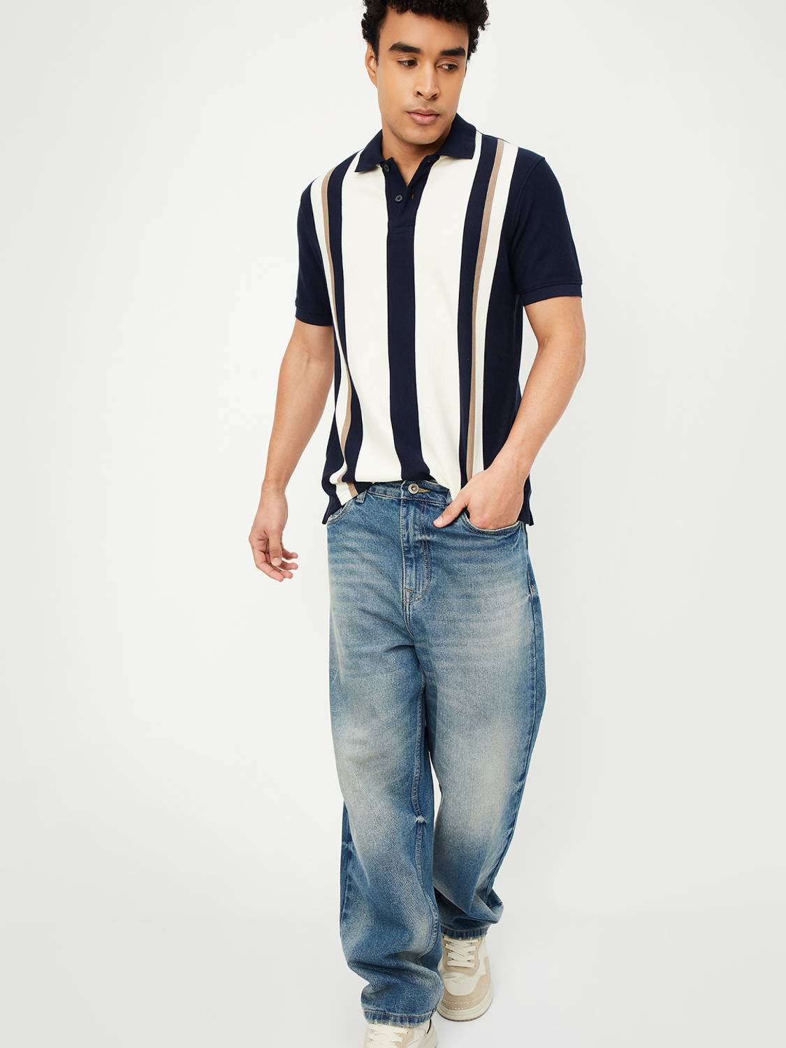 MAX Striped Blue Polo Neck T-Shirt - Image 2
