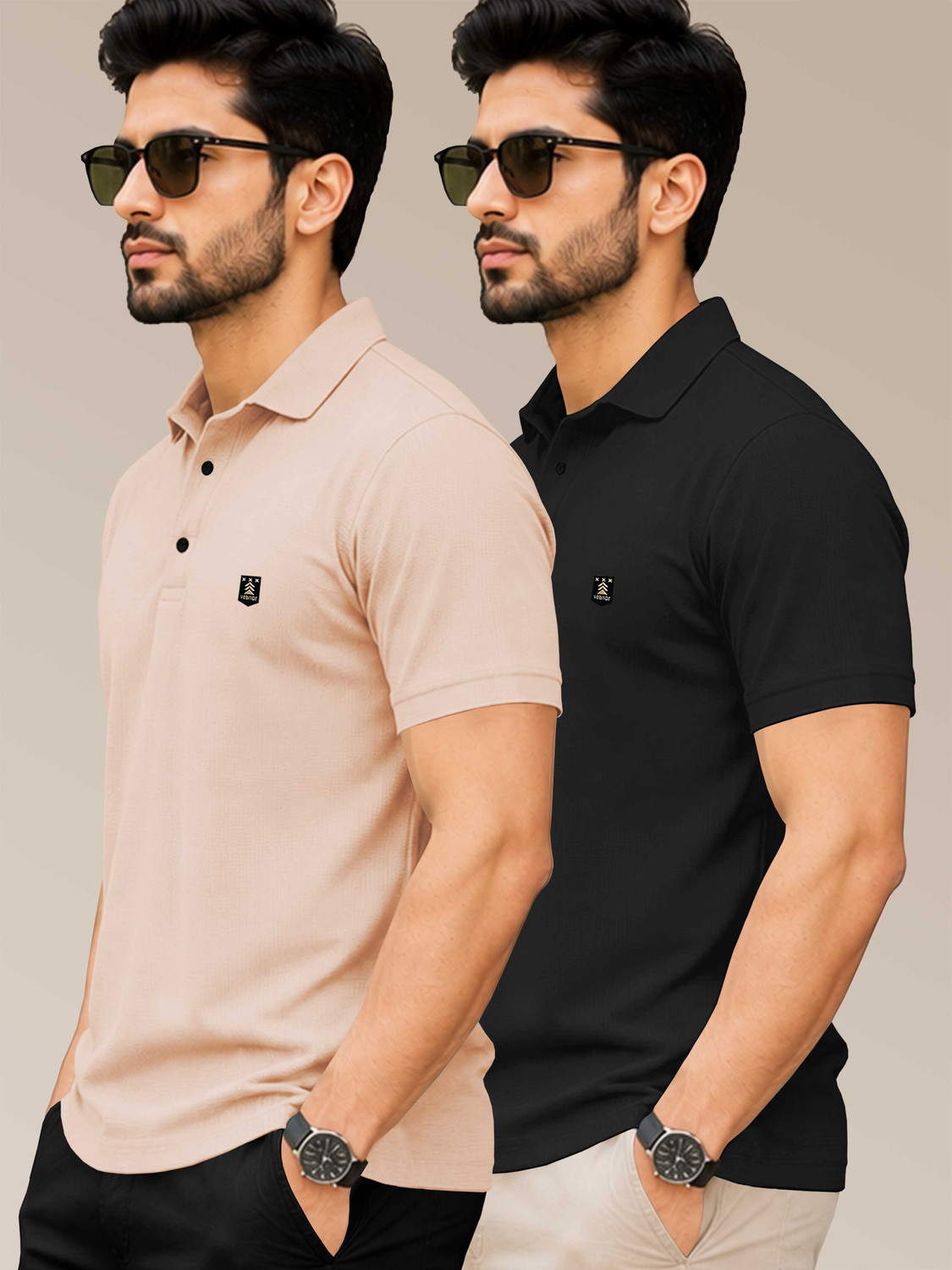 Image of VeBNoR Solid Men Polo Neck Black, Beige T-Shirt