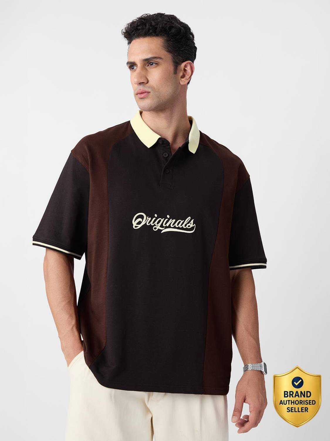 The Souled Store Colorblock Men Polo Neck Brown T-Shirt