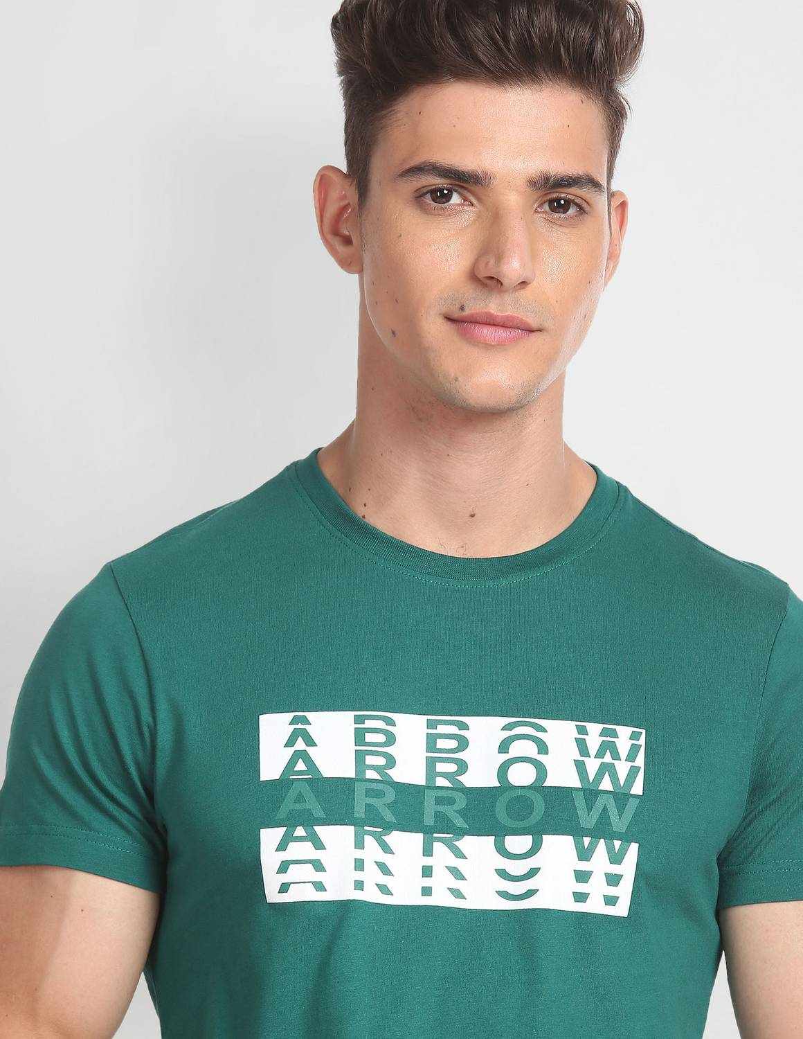 Arrow Sport Printed, Typography Men Round Neck Green T-Shirt