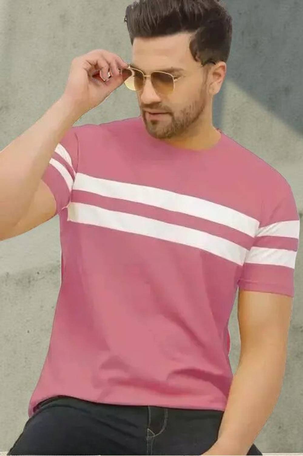 BRIGHT KRAFT Striped Men Round Neck Pink T-Shirt