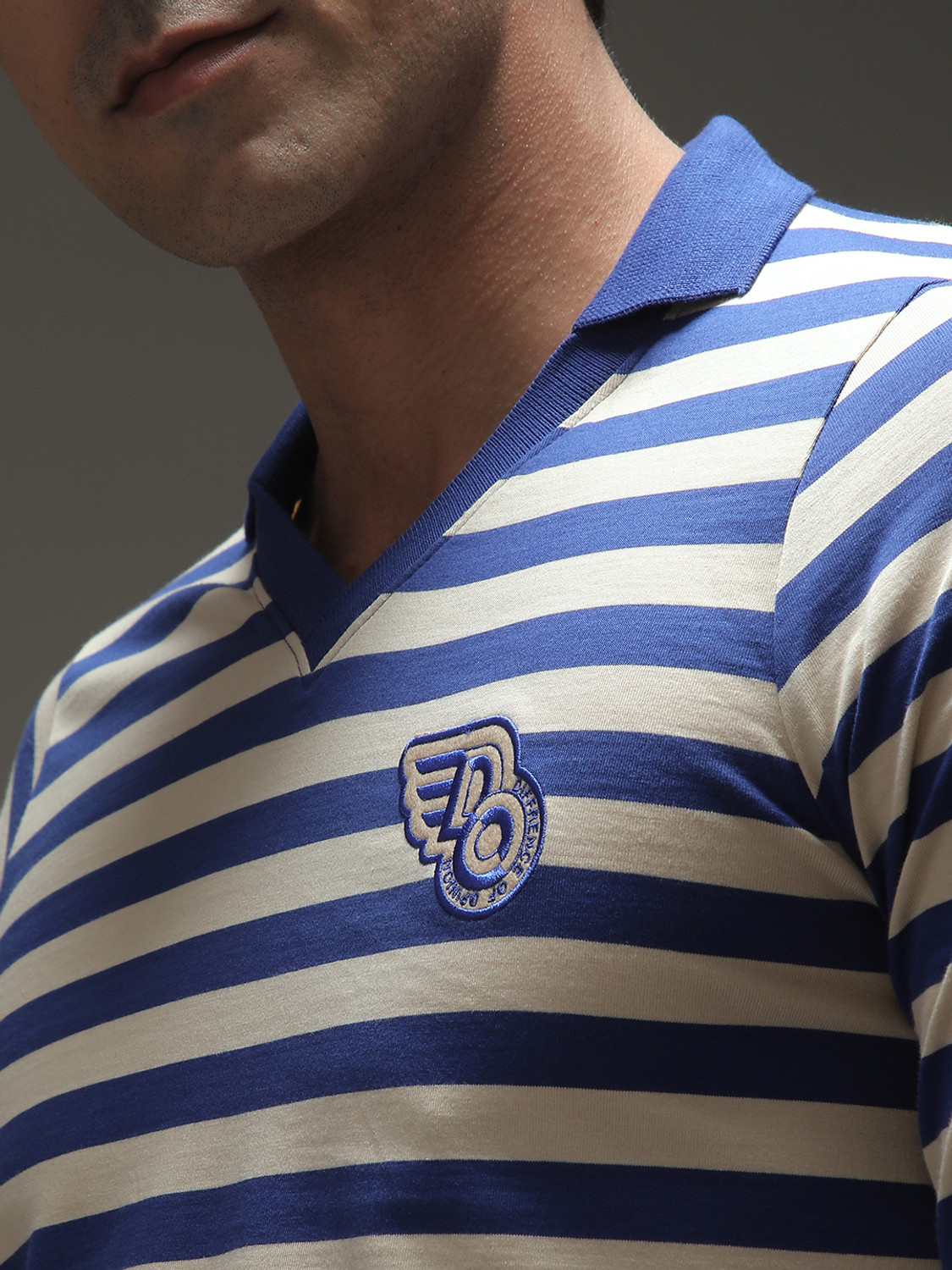 Image of DIFFERENCE OF OPINION Striped Men Polo Neck Blue, White T-Shirt