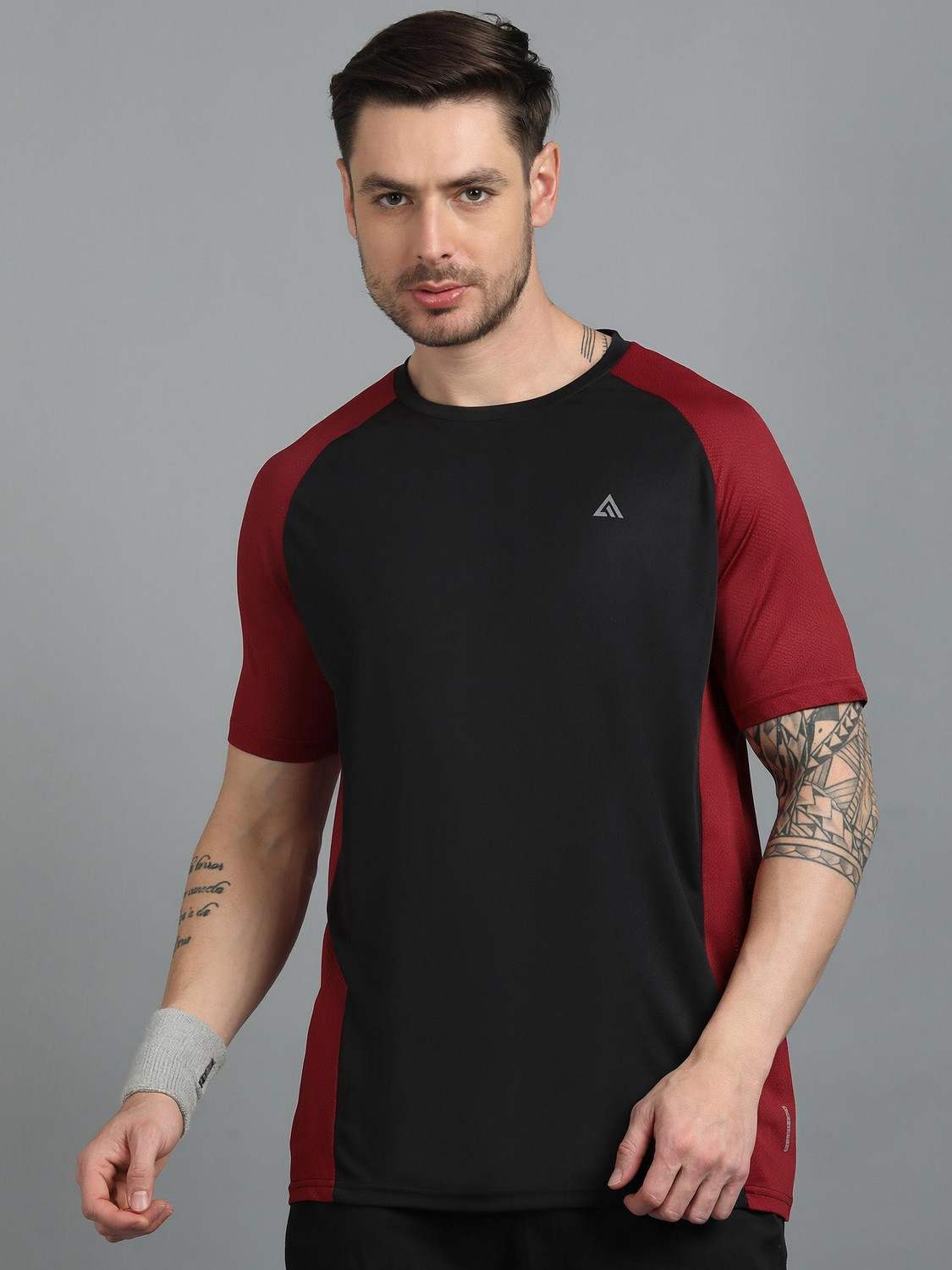 Image of Adrenex Colorblock Men Round Neck Black, Maroon T-Shirt