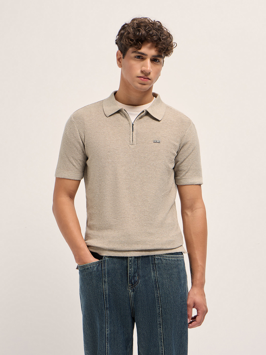 Image of THE BEAR HOUSE Self Design Men Polo Neck Beige T-Shirt