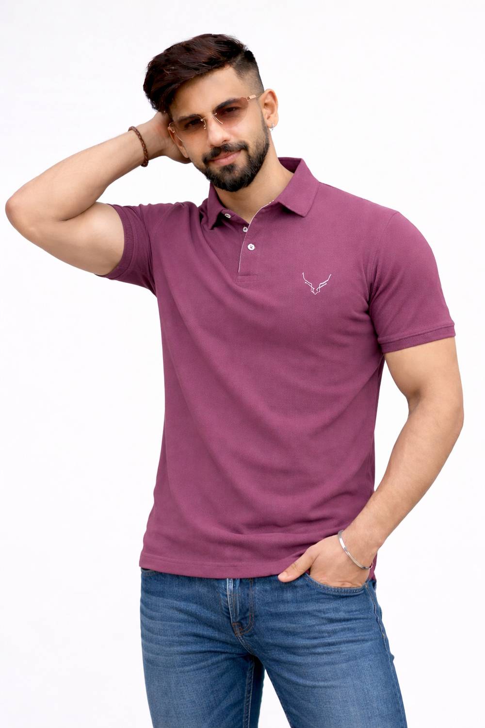 AVRIE Self Design Men Polo Neck Purple T-Shirt