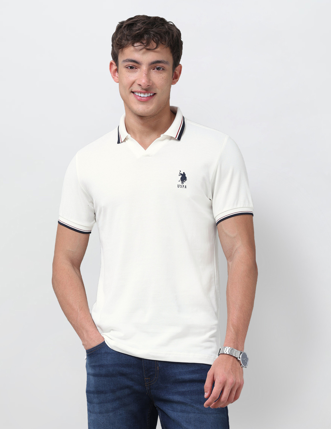 Image of U.S. POLO ASSN. Solid Men Polo Neck White T-Shirt