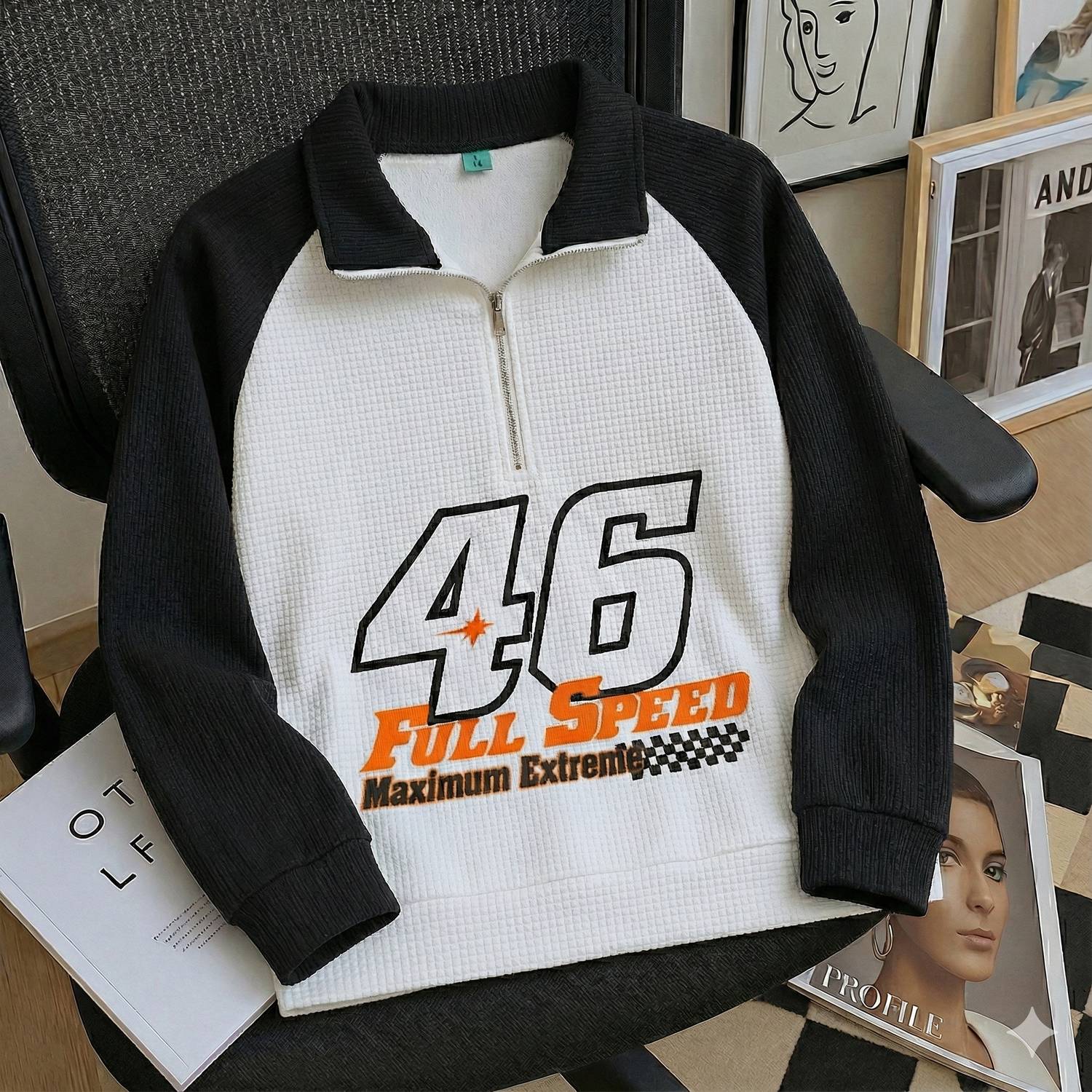 Try This Men Printed Zip Neck Cotton Blend White, Black T-Shirt