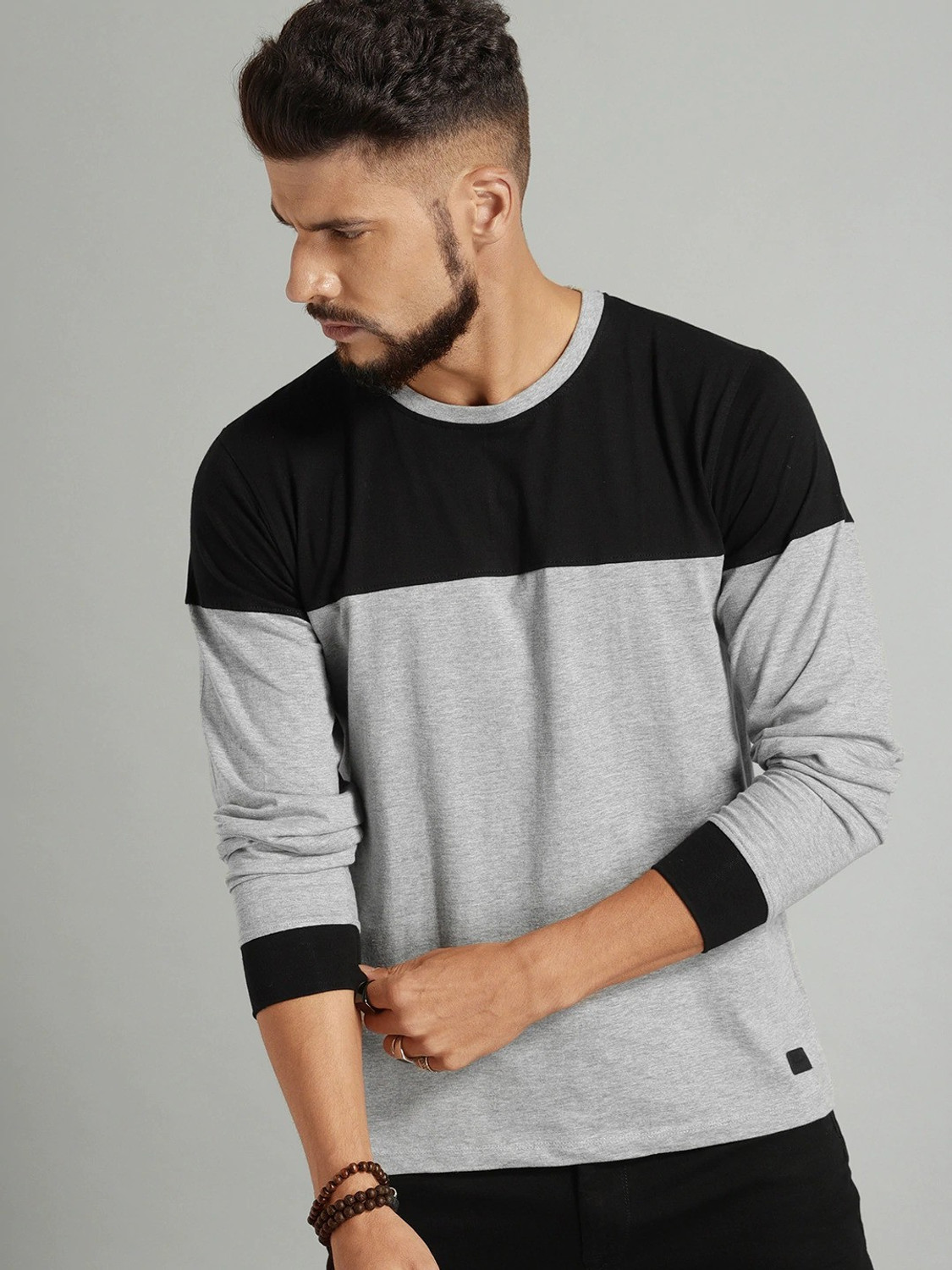 Image of Roadster Colorblock Men Round Neck Black, Grey T-Shirt