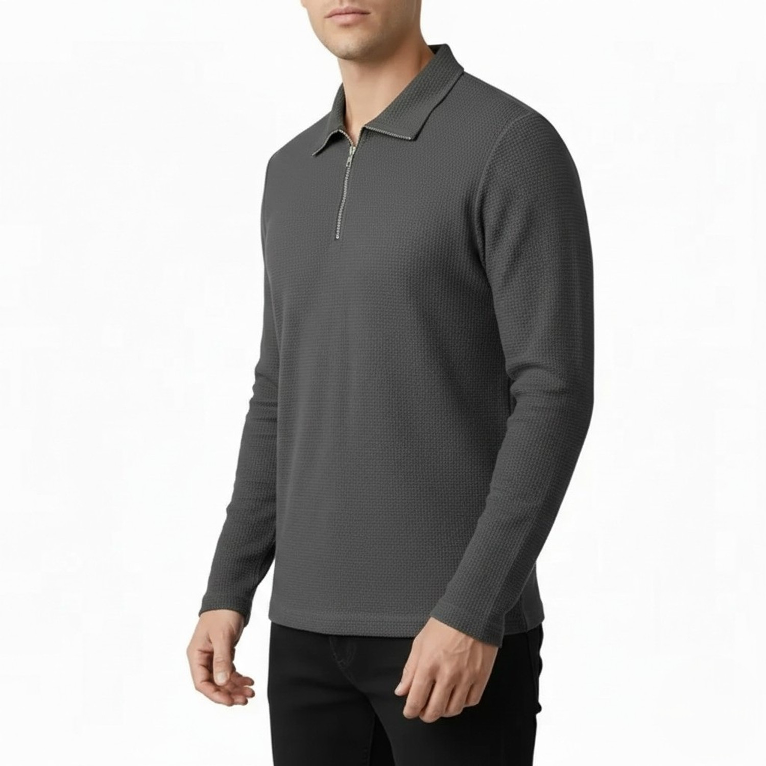 Image of 7 Heavens Self Design Men Zip Neck Grey T-Shirt
