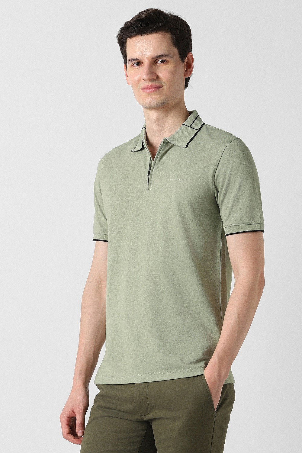 Image of PETER ENGLAND Solid Men Polo Neck Green T-Shirt