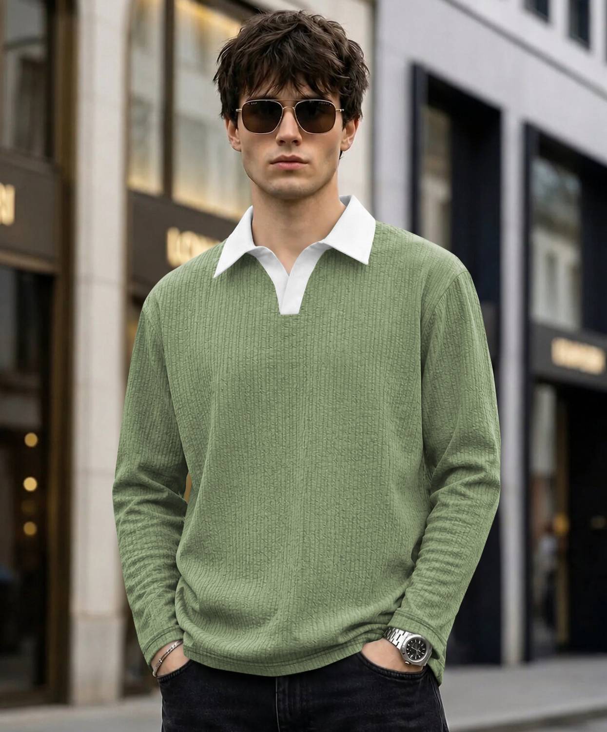 Men Self Design Polo Neck Polyester Green T-Shirt - Image 1