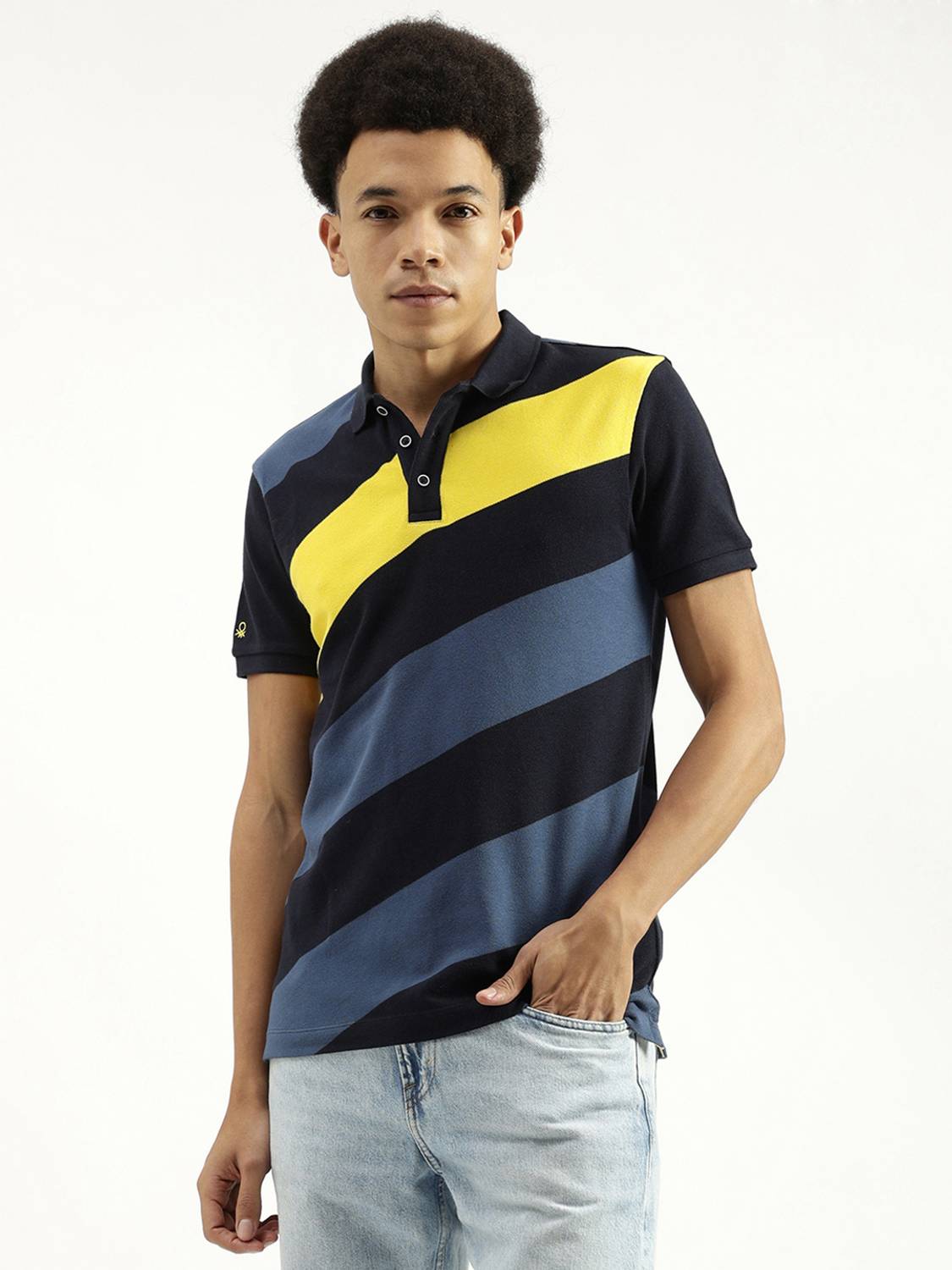 United Colors of Benetton Men Striped Polo Neck Pure Cotton Multi