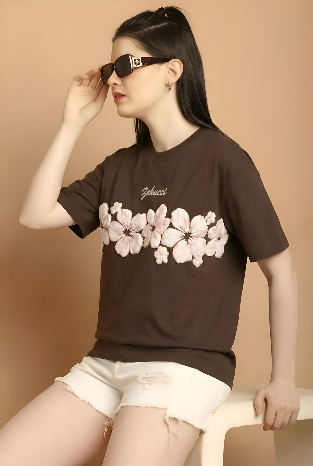 Image of Starword Printed Women Round Neck Brown T-Shirt