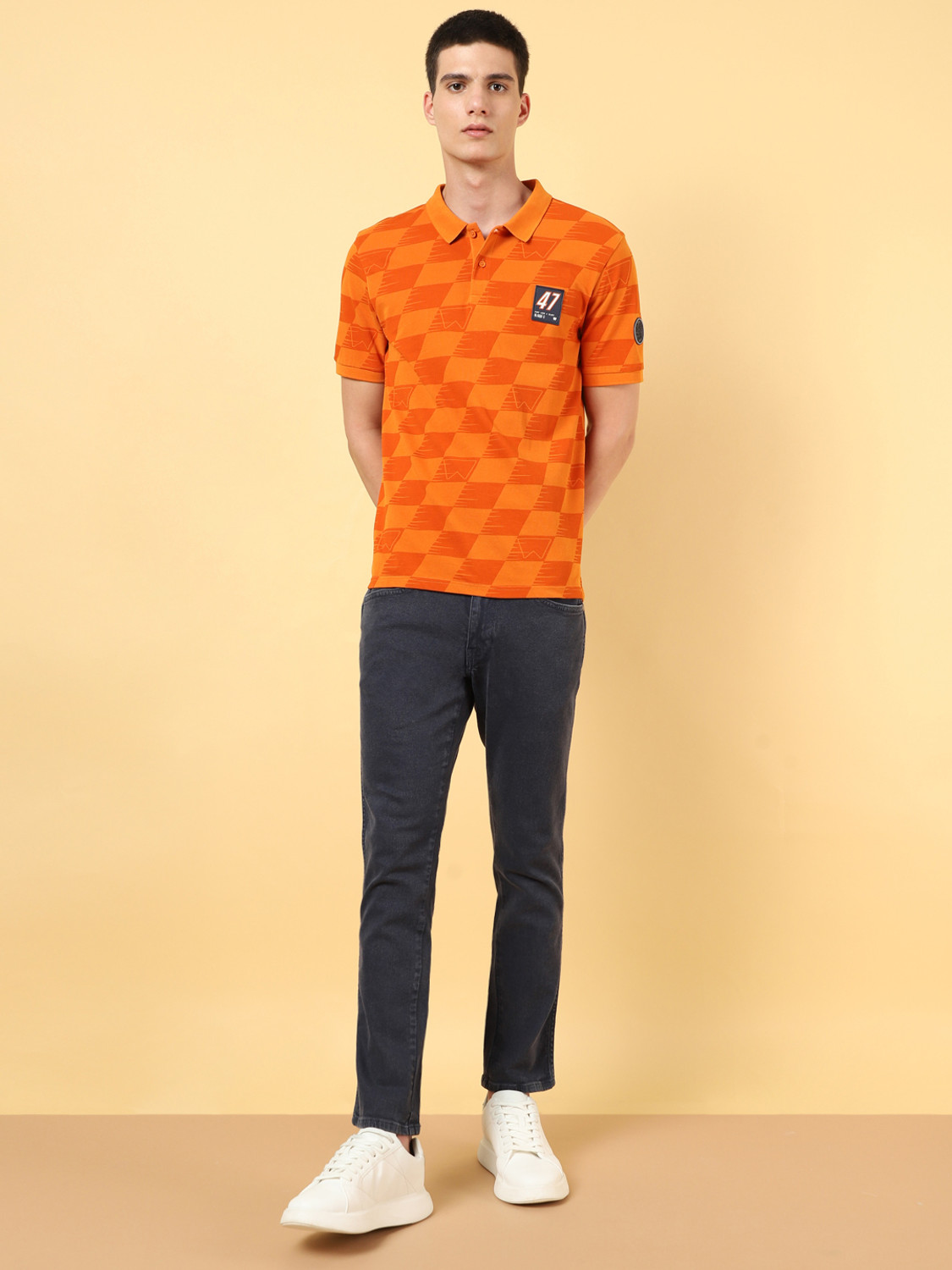 Image of Wrangler Printed Men Polo Neck Orange T-Shirt