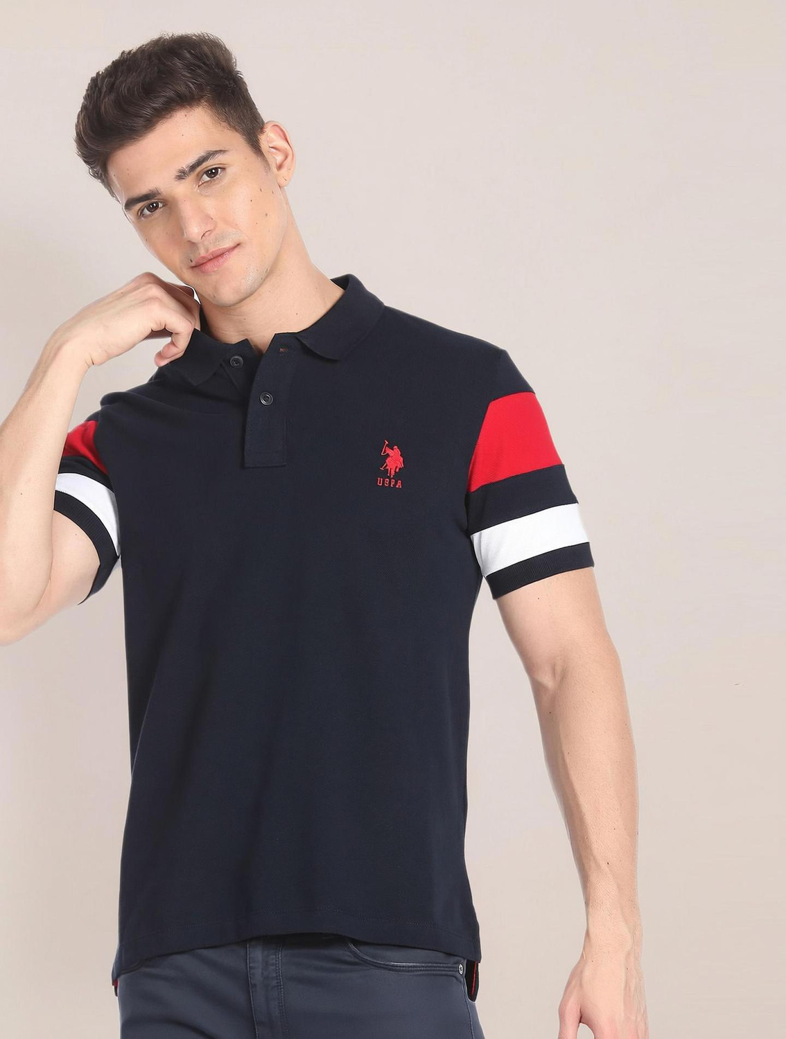 Image of U.S. POLO ASSN. Solid Men Polo Neck Blue T-Shirt