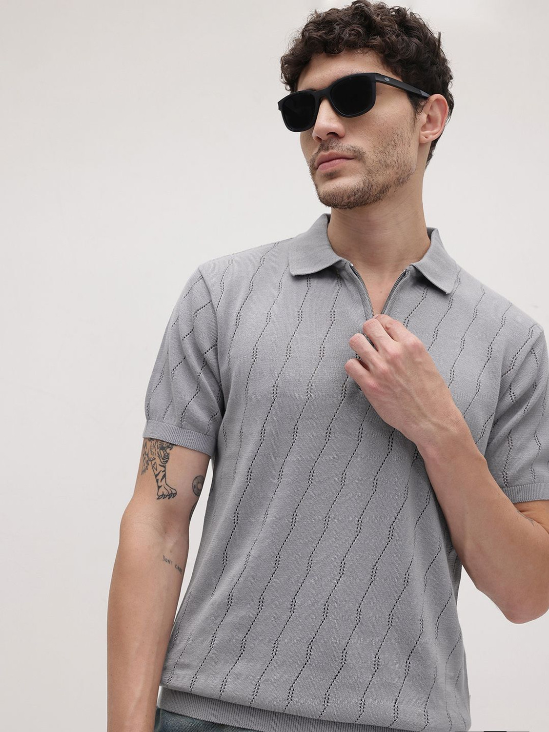 Image of Roadster Self Design Men Polo Neck Grey T-Shirt