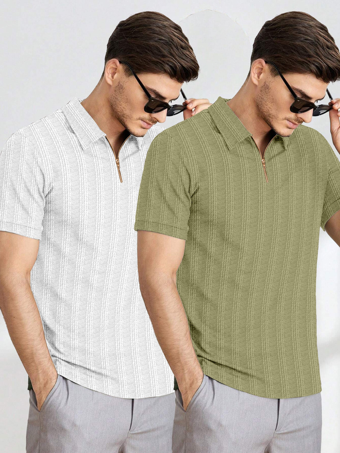 Image of COMBRAIDED Striped Men Zip Neck Light Green, White T-Shirt