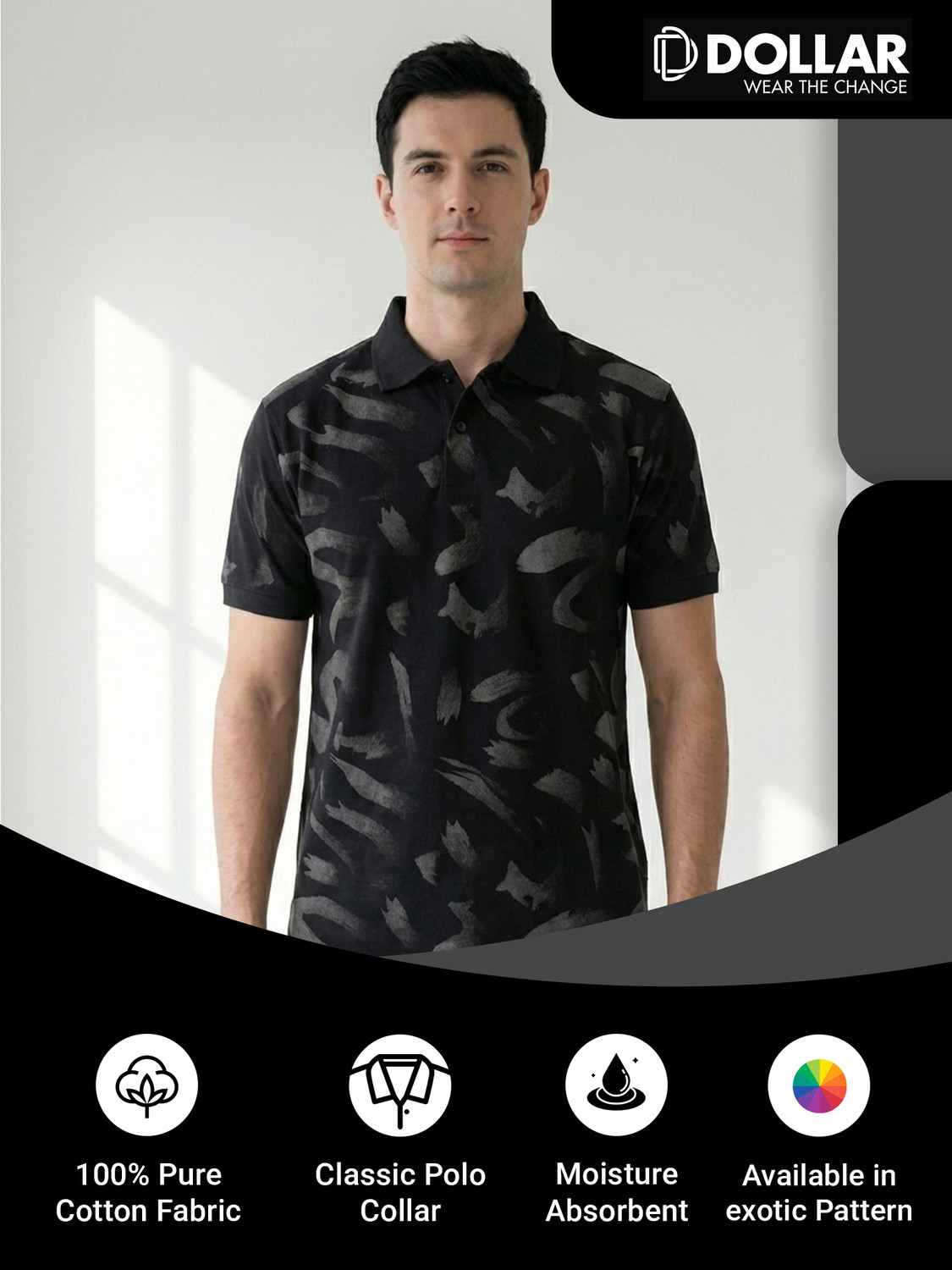 Image of Dollar Men Printed Polo Neck Cotton Blend Black T-Shirt