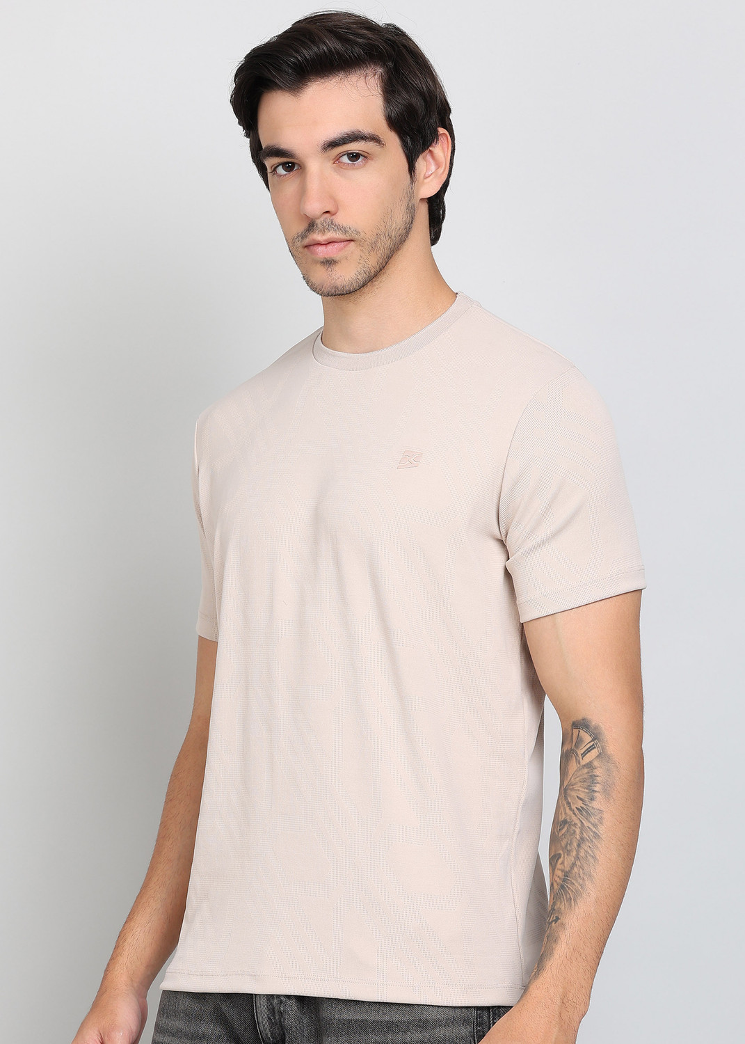 Image of KILLER Men Self Design Round Neck Polyester Beige T-Shirt