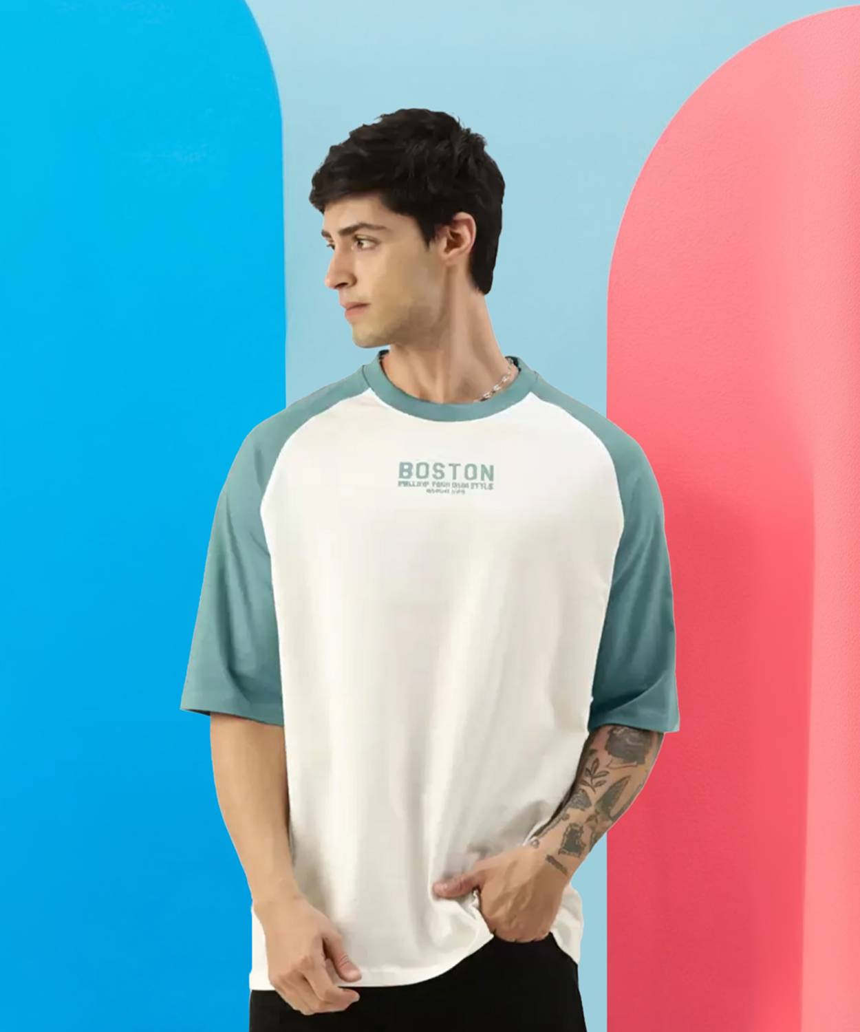 MANIAC Men Colorblock Round Neck Pure Cotton White, Blue T-Shirt