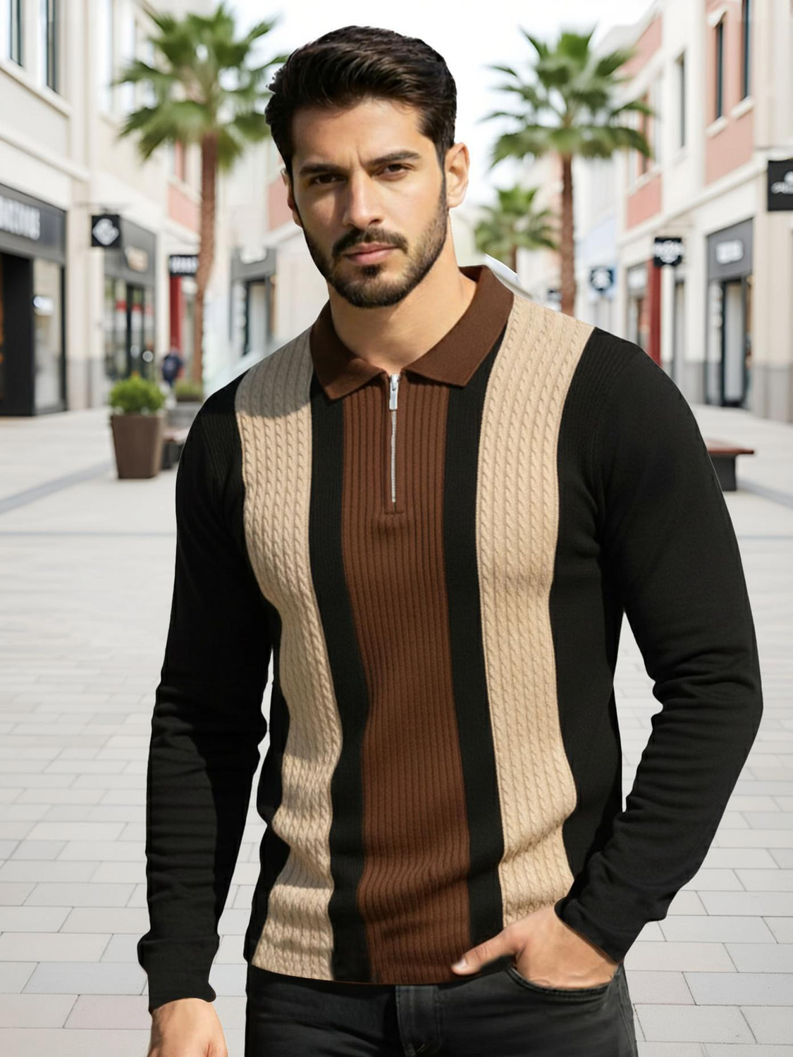 Image of AOOSH Full Sleeve Striped Men Sweatshirt