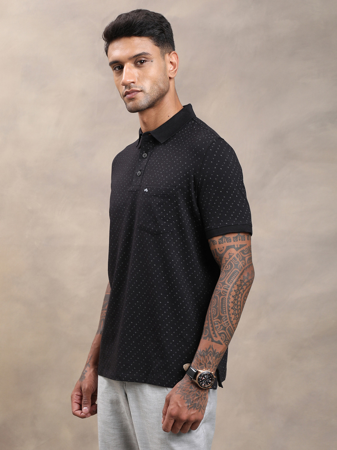 Image of TURTLE Printed Men Polo Neck Black T-Shirt