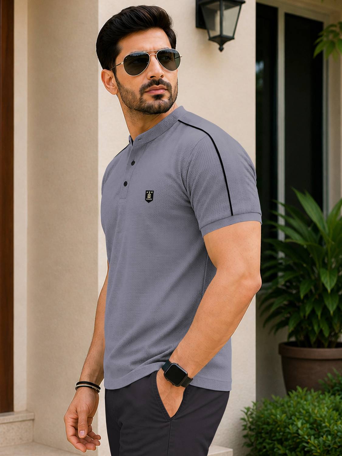VeBNoR Men Grey Polo Neck T-Shirt - Image 4